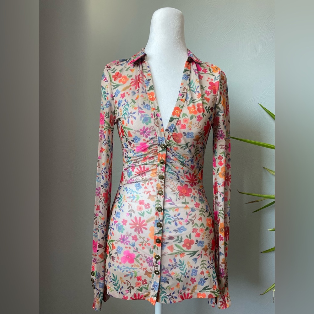 Natural Life Boho Mesh Floral Blouse | Carina Long Sleeve Ruched Top - Picture 2 of 8